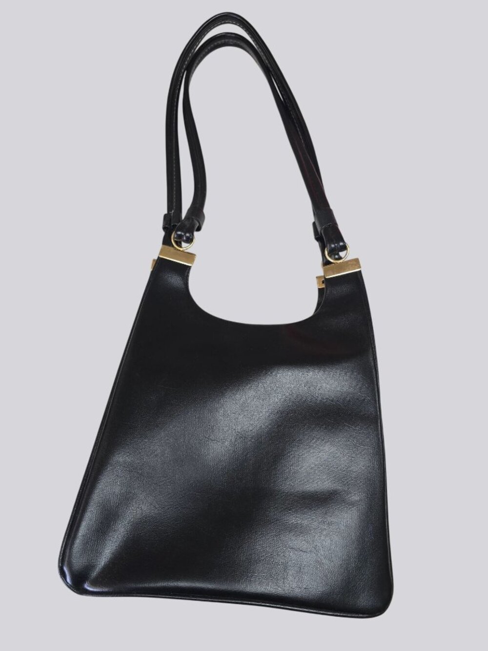Vintage Black Leather Shoulder Bag Gold Accents & Dual Straps - Picture 2 of 15